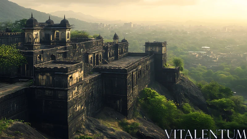 Hilltop stone fortress dominates misty valley under diffused sunrise