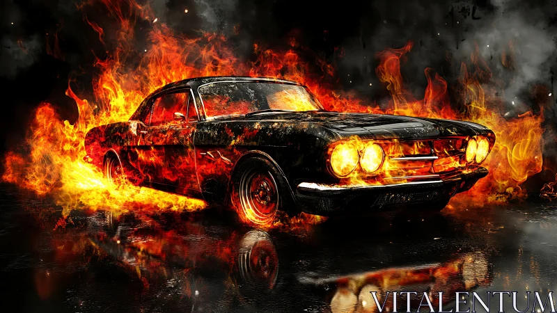 Vintage automobile engulfed in combustion flames and smoke.