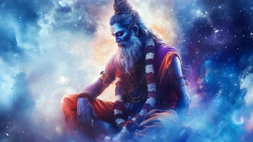 Cosmic blue deity in meditative pose within starfield.