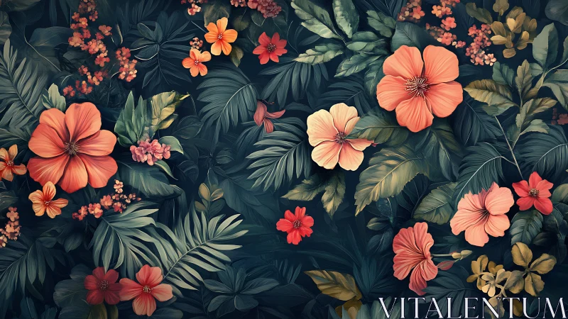 Densely Layered Floral Composition with Coral and Teal Botanical Elements
