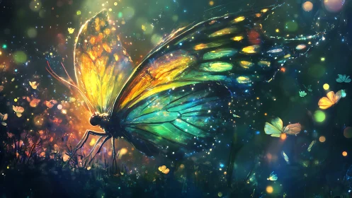 Butterfly with luminous wings glows in dense bokeh field