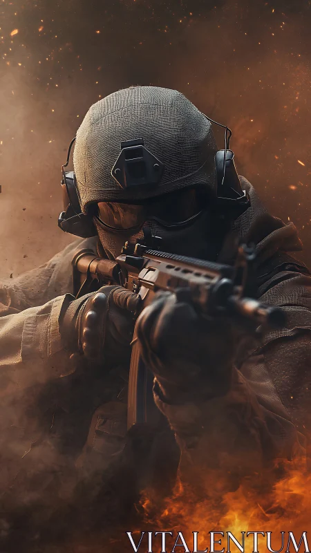 Tactical soldier advances through fire and smoke in battle.