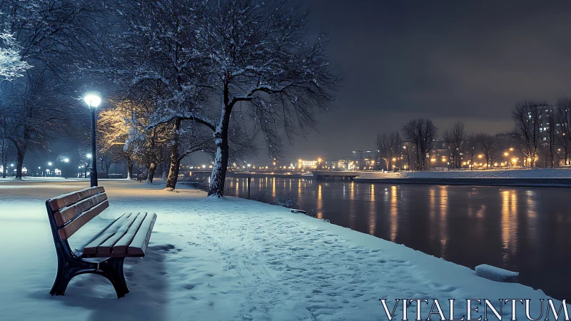 Nocturnal riverside park under snow with mixed urban lighting.