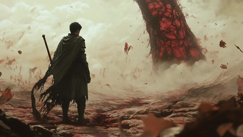 Figure observes vertical organic structure in desolate terrain