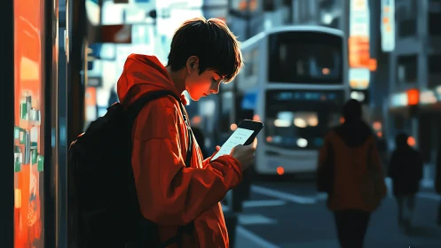 Teen checks phone in neon city street at twilight