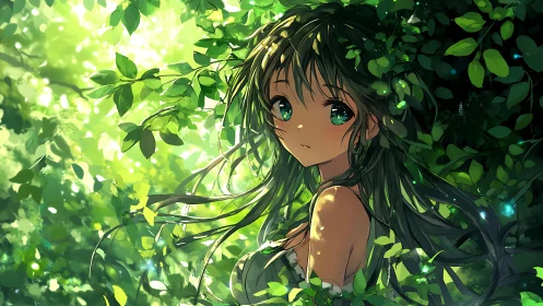 Anime girl in dense green foliage with dappled light effect.