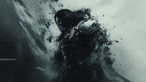 Dark armored warrior dissolving into storm fragments.