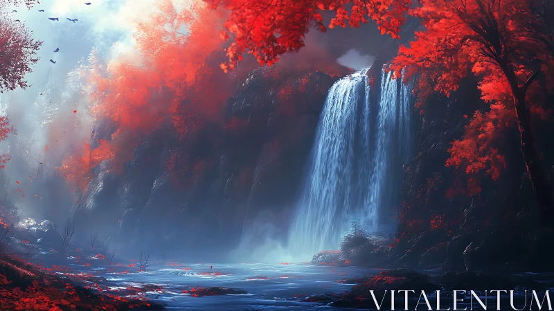 Digital painting of crimson forest waterfall with misted depth.