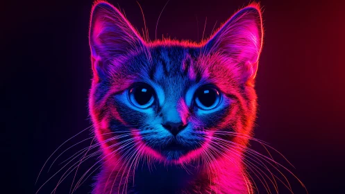 Neon-lit cat portrait glows with high-contrast cyber hues.