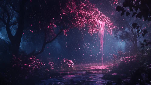 Pink illuminated waterfall streams from tree in dark forest