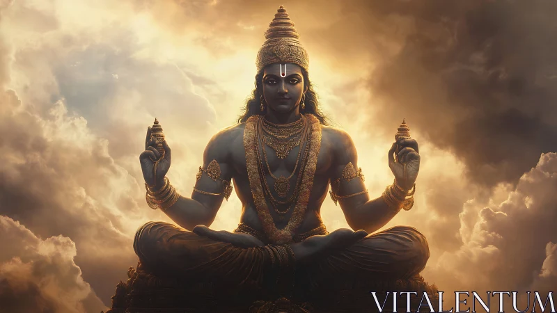 Golden sky deity in serene celestial meditation.