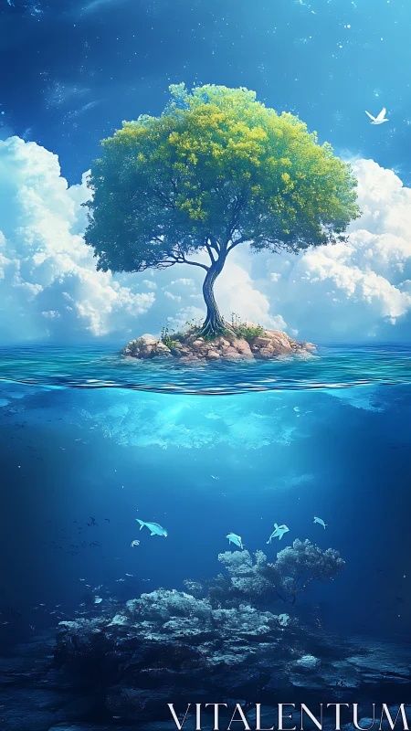 Luminous Sanctuary: Tree of Life Blooms Upon Emerald Waters