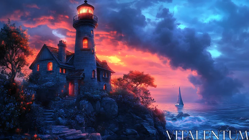 Lighthouse and coastal house stand against contrasting twilight sky