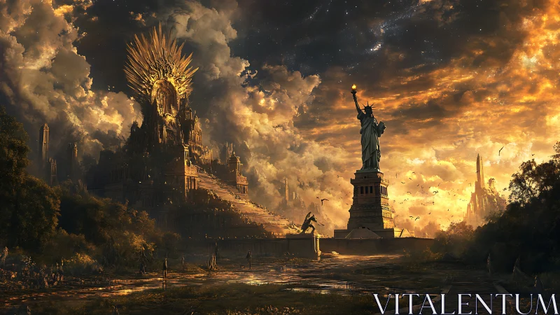 Colossal mythic citadel and Liberty statue in apocalyptic dusk.