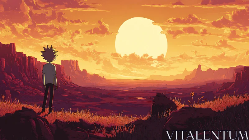 Cinematic anime plateau at sunset with solitary figure silhouette.