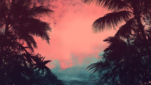 Neon dusk palms framing a hazy tropical horizon glow.