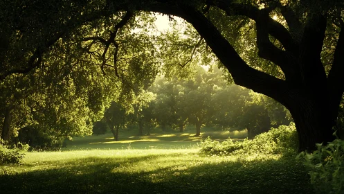Sunlit branches quietly choreograph a green cathedral