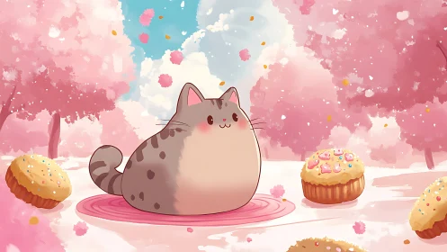 Plump Cat Surrounded by Pastries in Dreamy Pink Landscape
