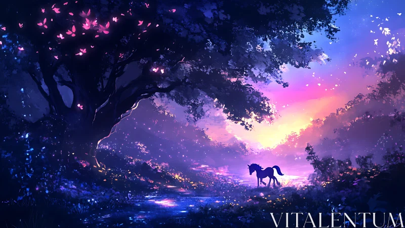 Digital fantasy grove with unicorn silhouette at dusk twilight.