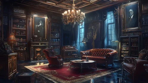 Midnight library lounges beneath a chandelier of whispered plots