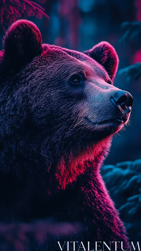 Neon-lit bear gazes through a dreamy cyber forest night.