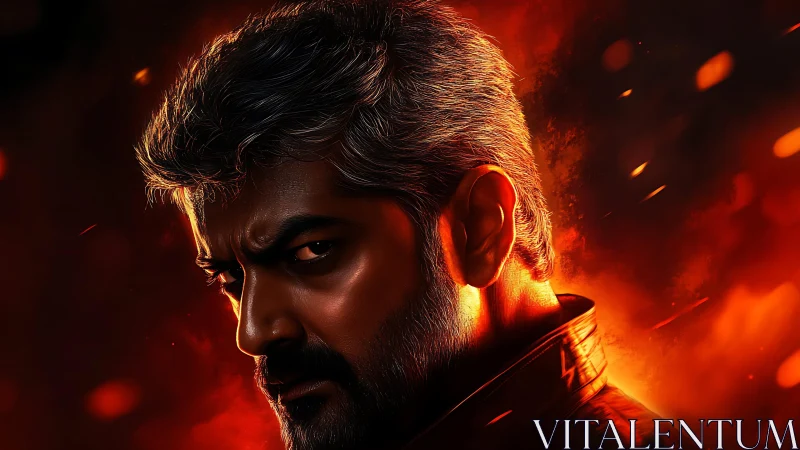 Intense bearded man in fiery red-orange digital portrait.