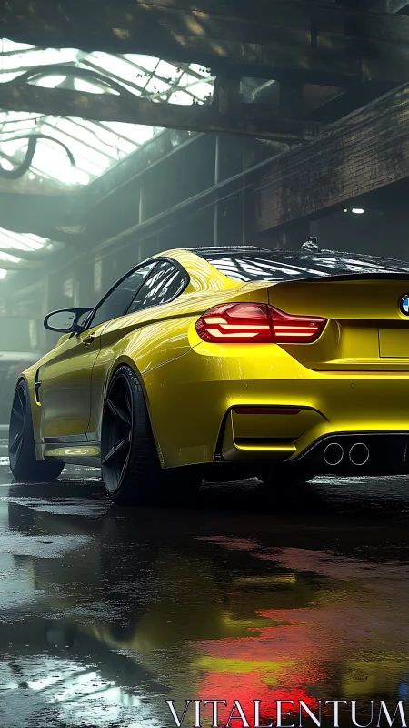 Yellow performance coupe rendered in a cinematic wet industrial bay