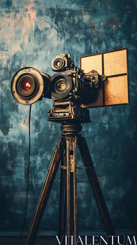 Vintage cinema titan poised against stormy teal dreams.