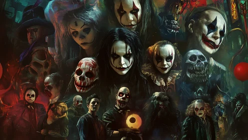 Haunting clown montage merges horror icons in eerie collage.