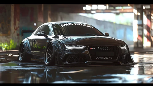 Gleaming tuned Audi rests low and bold in a gritty warehouse