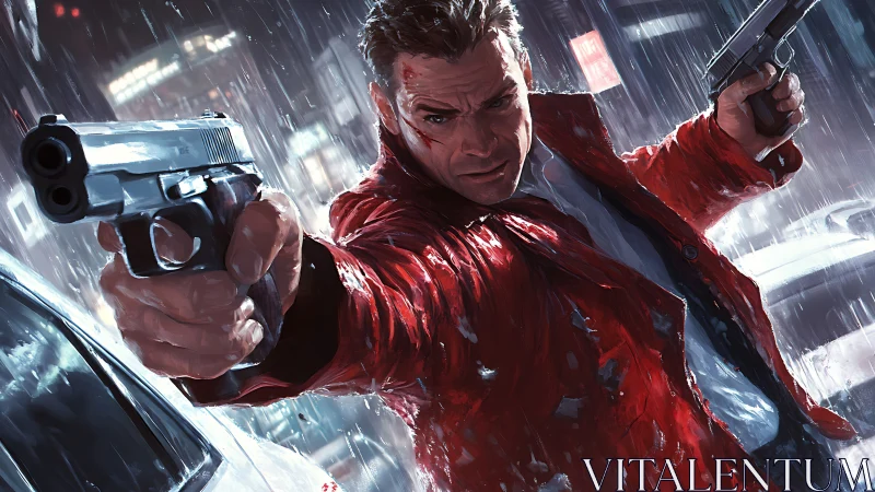 Gunman in red coat advances under rain with dynamic foreshortening
