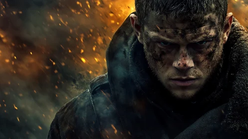 Battle hardened warrior holds his ground amid swirling fire