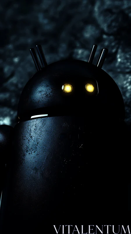 Dark metallic robot stands in low light with glowing eyes