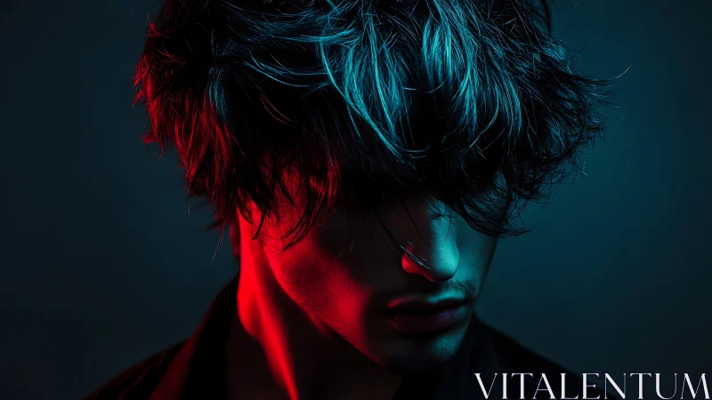 Neon-shadowed loner bathed in moody cyan and crimson light.