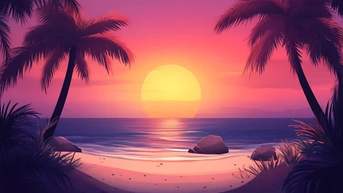 Tropical beach sunset with palm silhouettes and calm sea.