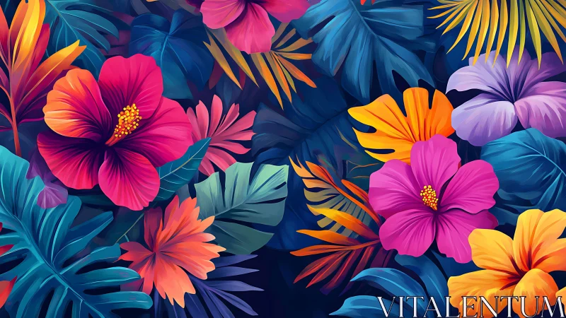 Vibrant Tropical Flowers Dance in Deep Digital Color