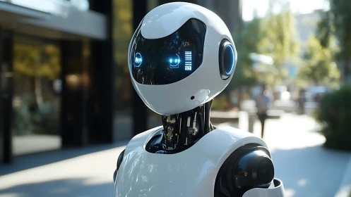 Humanoid service robot with glossy shell in urban courtyard