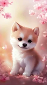 Cute fluffy puppy portrait under soft pink blossoms.