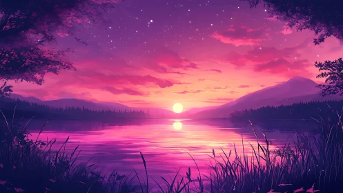 Dreamy violet sunset over a quiet starlit lakeshore.