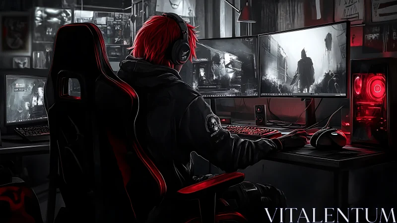 Focused gamer at dual monitors in red lit setup.