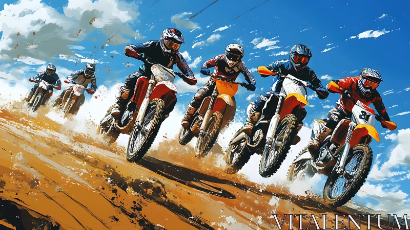 Duststorm daredevils racing dirt bikes through blazing sky.