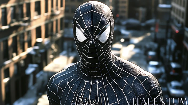 Midtown rooftop vigil with a dark-suited webbed guardian.