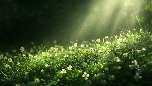 Irradiated woodland groundcover under volumetric daylight beams.