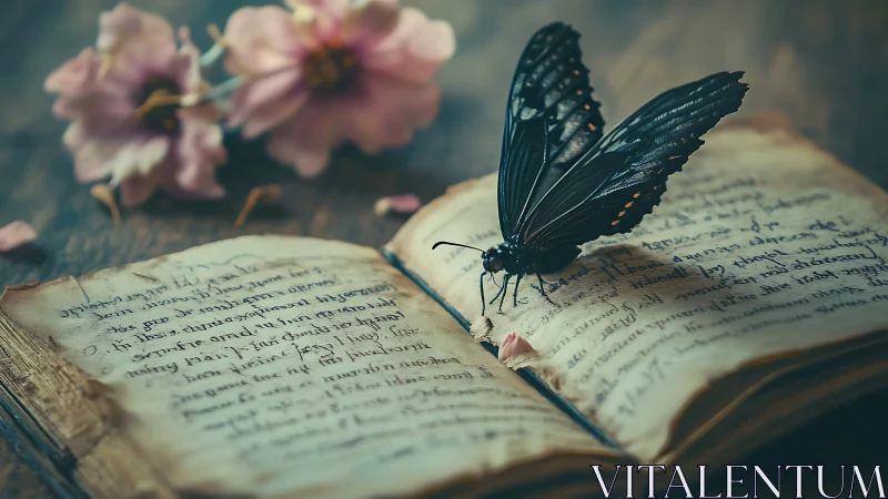 Black butterfly resting on worn handwritten book pages