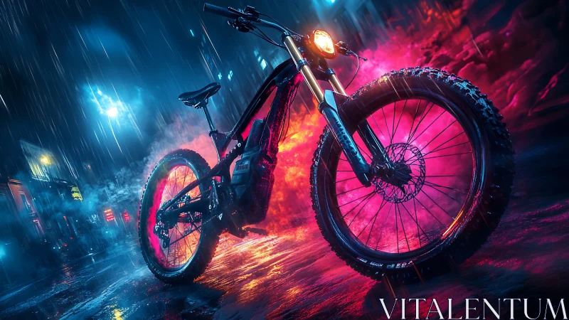 Electric trail bike under neon rain in cyberpunk alley.