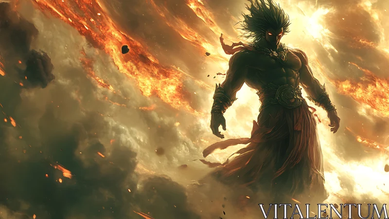 Mythic fire warrior emerging from blazing storm clouds.