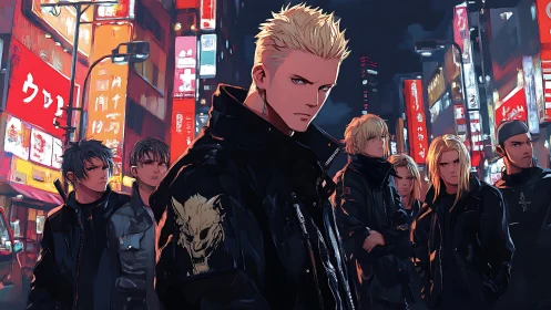 Urban anime gang under neon city lights at night scene.