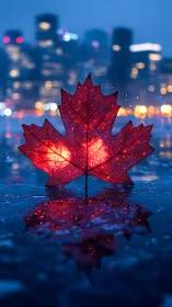 Glowing red maple leaf over city lights reflection at dusk.
