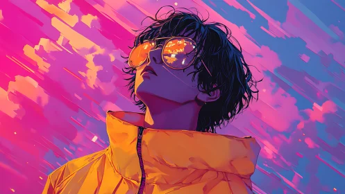 Neon sunset gaze captures a dreamer in reflective motion