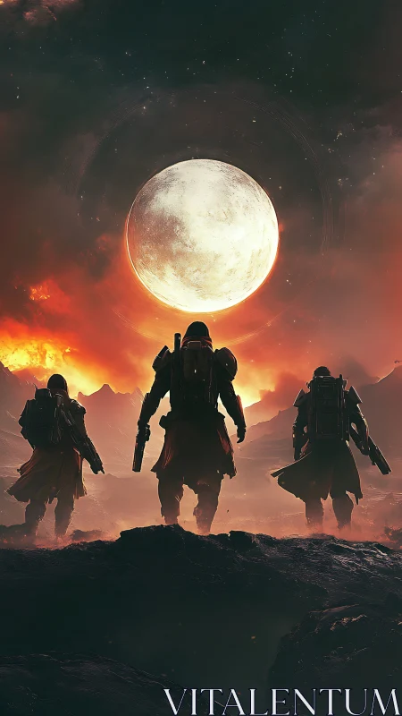 Three armored soldiers under giant moon on fiery horizon